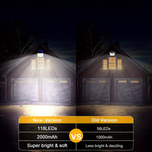 Load image into Gallery viewer, 118 LED Solar Motion Sensor Floodlight with Remote Control - Outdoor Security Lighting for Patio, Garage, Porch, Yard - 16.5ft Cable,, 1800mAh Battery, Wall-Mounted Design, Yard Floodlight | Sleek Rectangular Design | LED Arr