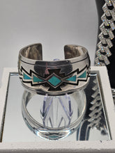 Load image into Gallery viewer, Vintage Native American Indian Sterling Silver Etched Cuff Turquoise Bracelet