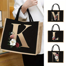 Load image into Gallery viewer, Women'S Reusable Jute Tote Bags with Floral Print - Large Capacity Shopping Bags, Black with Golden Letters (K, M, I, N), Durable Shoulder Bags for Groceries & Shopping, Shopping Bag|Decorative Tote|Durable Handle, Tote Bag