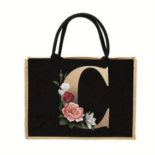 Load image into Gallery viewer, Women'S Reusable Jute Tote Bags with Floral Print - Large Capacity Shopping Bags, Black with Golden Letters (K, M, I, N), Durable Shoulder Bags for Groceries & Shopping, Shopping Bag|Decorative Tote|Durable Handle, Tote Bag