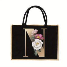 Load image into Gallery viewer, Women'S Reusable Jute Tote Bags with Floral Print - Large Capacity Shopping Bags, Black with Golden Letters (K, M, I, N), Durable Shoulder Bags for Groceries & Shopping, Shopping Bag|Decorative Tote|Durable Handle, Tote Bag
