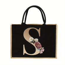 Load image into Gallery viewer, Women'S Reusable Jute Tote Bags with Floral Print - Large Capacity Shopping Bags, Black with Golden Letters (K, M, I, N), Durable Shoulder Bags for Groceries & Shopping, Shopping Bag|Decorative Tote|Durable Handle, Tote Bag