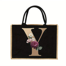 Load image into Gallery viewer, Women'S Reusable Jute Tote Bags with Floral Print - Large Capacity Shopping Bags, Black with Golden Letters (K, M, I, N), Durable Shoulder Bags for Groceries & Shopping, Shopping Bag|Decorative Tote|Durable Handle, Tote Bag