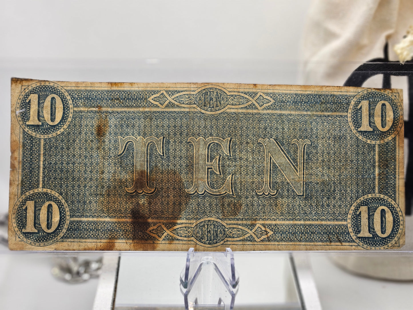 1864 CONFEDERATE STATES AMERICA CURRENCY $10 Dollar Note W/ Possible Blood on it