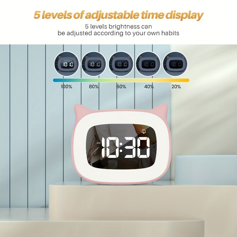 1pc Cute Cat Ear Alarm Clock - Rechargeable Digital Clock with Night Light, 18 Ringtones, and Pink Color for Teens' Bedroom