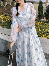 Load image into Gallery viewer, V-Neck Floral Print Chiffon Dress - Slim Waist, Long Sleeve, Elegant & Flowy - Fashion-Forward Womens Clothing for Any Season