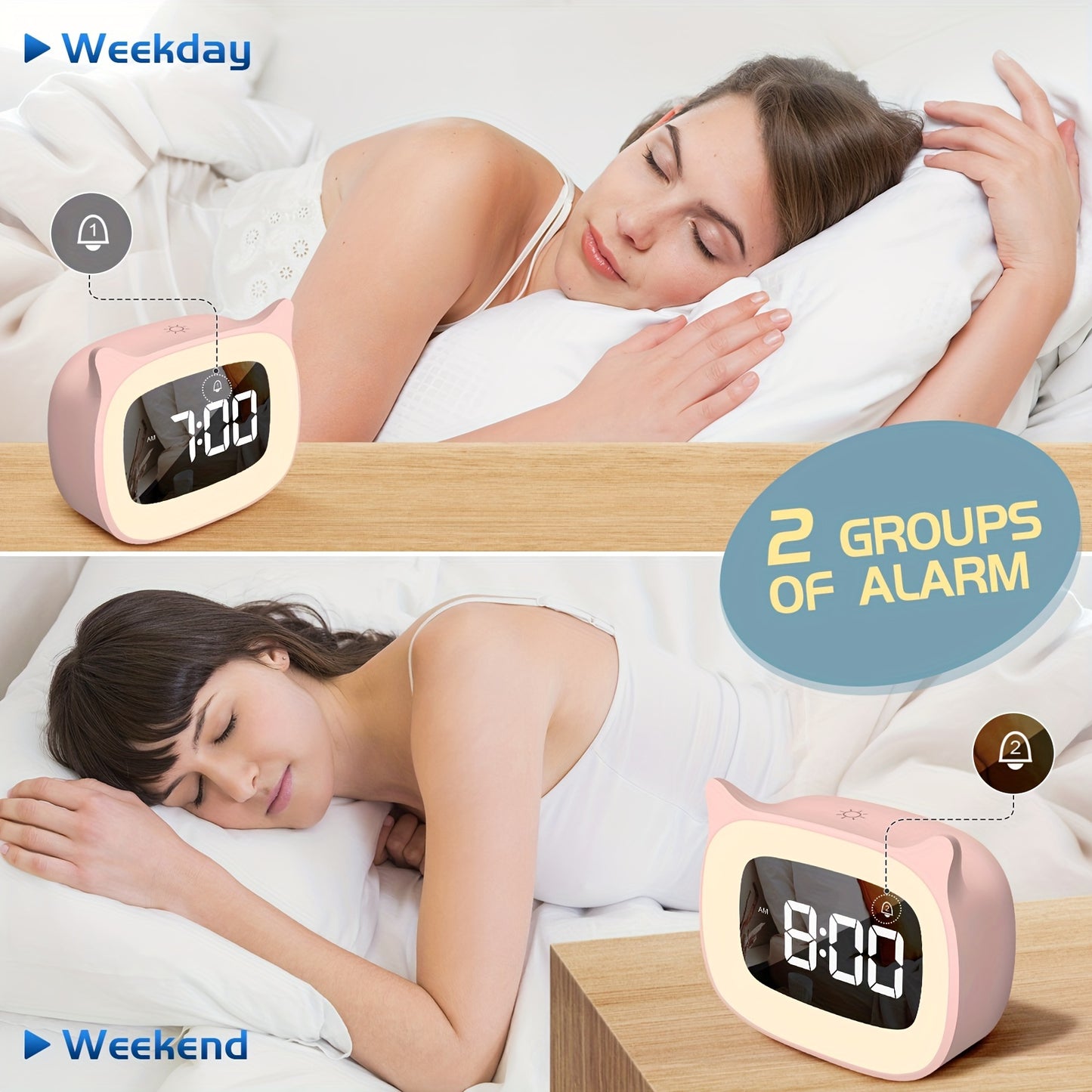 1pc Cute Cat Ear Alarm Clock - Rechargeable Digital Clock with Night Light, 18 Ringtones, and Pink Color for Teens' Bedroom