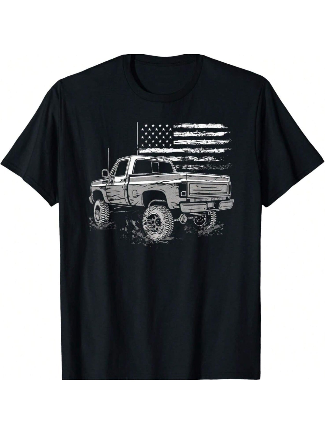 Men's Vintage Pickup Truck T-Shirt - Classic American Flag Design, Comfortable Cotton, Casual Round Neck Tee, Machine Washable