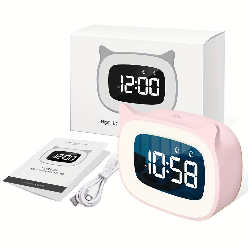 1pc Cute Cat Ear Alarm Clock - Rechargeable Digital Clock with Night Light, 18 Ringtones, and Pink Color for Teens' Bedroom
