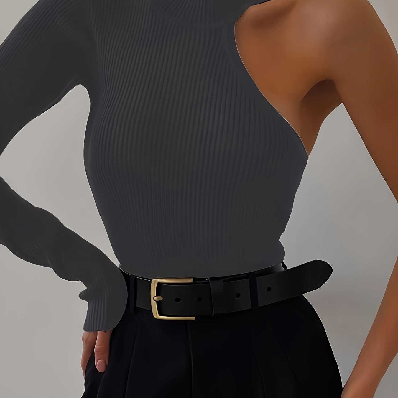 Chic Asymmetric One Shoulder Ribbed Knit Bodysuit - Long Sleeve, Sexy Style for Fall Winter - Form-Fitting, Versatile One Piece Womens Clothing