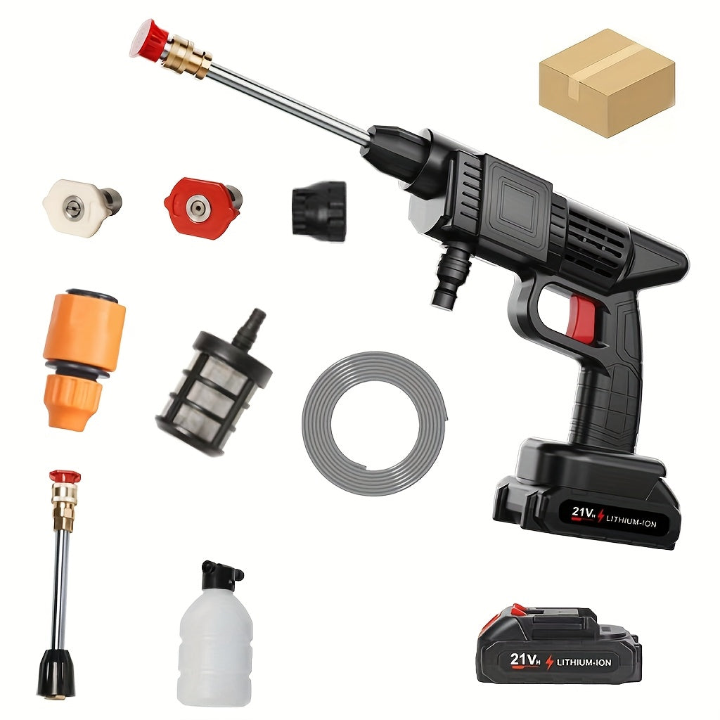 Portable Cordless Handheld High Pressure Car Wash Gun, 2 Rechargeable Battery Powered, Nozzle Stainless Steel Handheld Pressure Car Wash Gun Cleaning Kit For Car Detailing, Fencing, Floor Cleaning, Plants And More.
