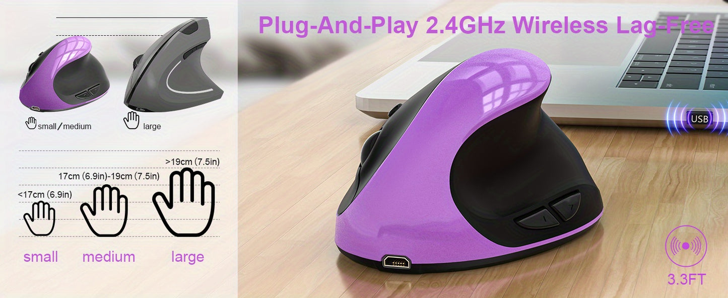 Ergonomic Mouse, Rechargeable Vertical Wireless Mouse Small Right Handed Computer Wireless Mouse for Laptop, Desktop, PC Purple