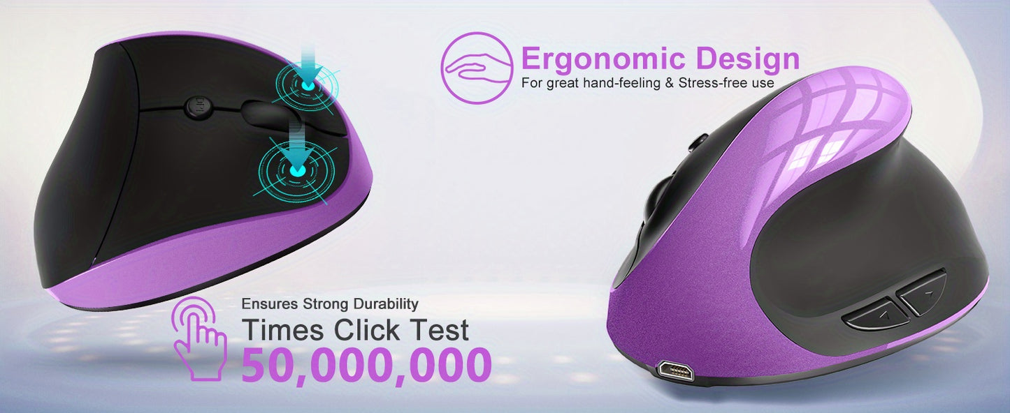 Ergonomic Mouse, Rechargeable Vertical Wireless Mouse Small Right Handed Computer Wireless Mouse for Laptop, Desktop, PC Purple