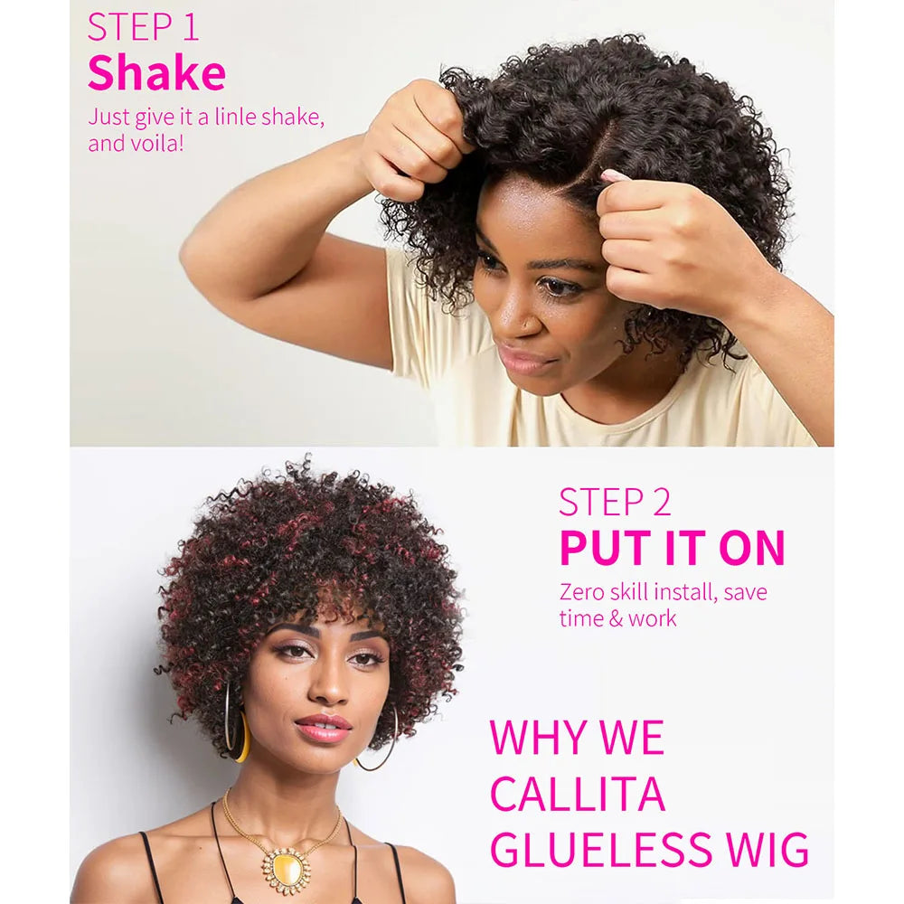 Dark Red Highlights Pixie Cut Wig  Glueless Wigs 2x1 Human Hair for Black Women Human Hair Afro Wigs Short Bob Wig With Bangs