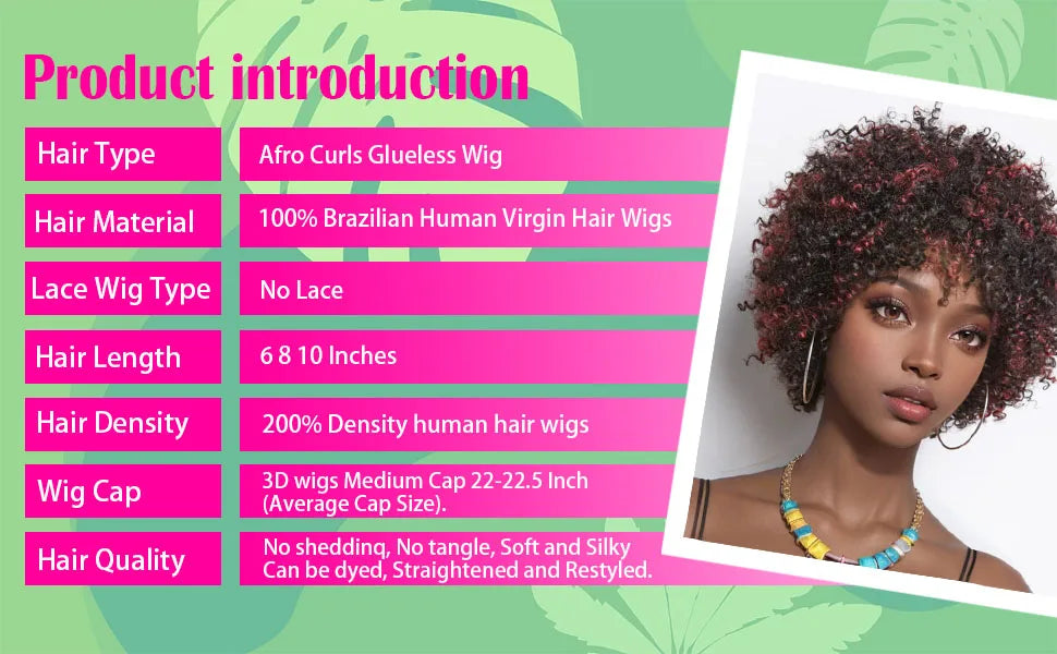 Dark Red Highlights Pixie Cut Wig  Glueless Wigs 2x1 Human Hair for Black Women Human Hair Afro Wigs Short Bob Wig With Bangs