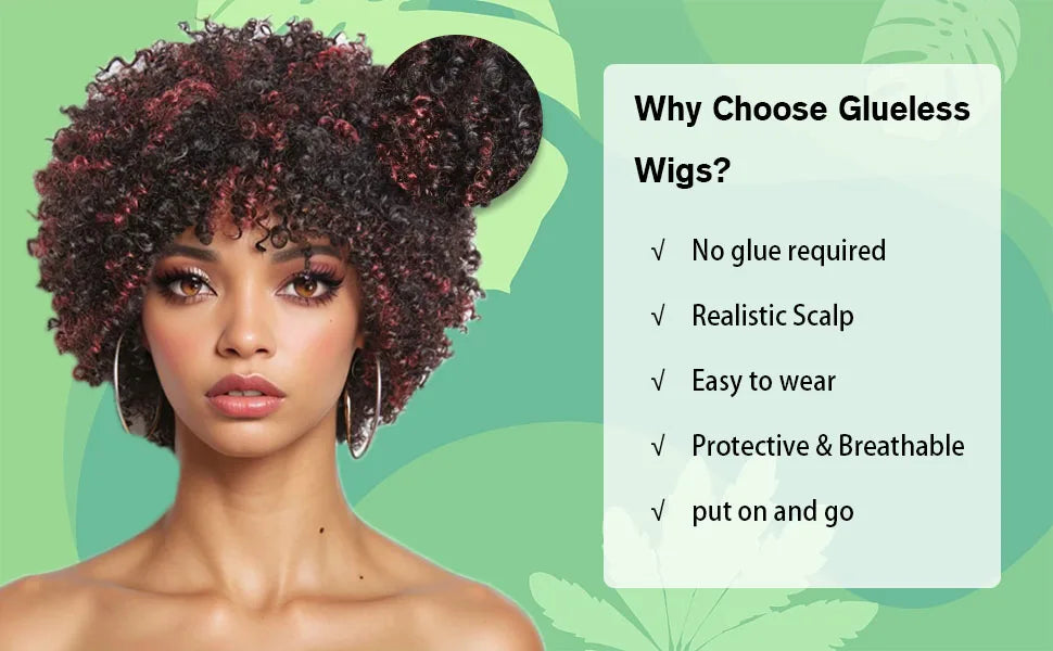 Dark Red Highlights Pixie Cut Wig  Glueless Wigs 2x1 Human Hair for Black Women Human Hair Afro Wigs Short Bob Wig With Bangs