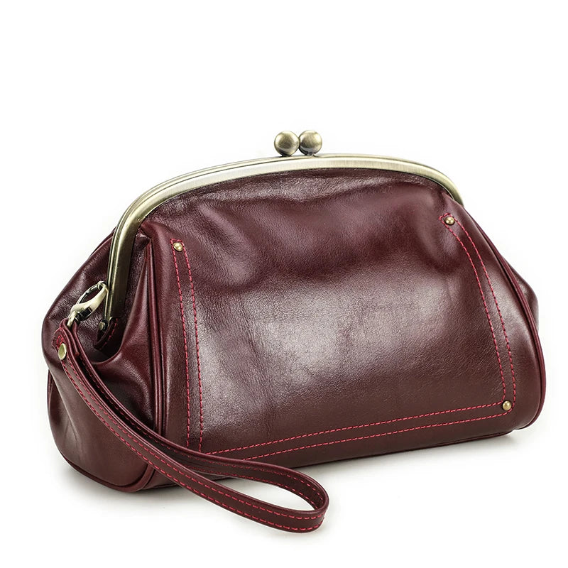 Genuine Leather Women Clutch Wallet Kiss Lock Design Luxury Female Purse Handbag Large Capacity Long Wallet Bag Phone Pocket