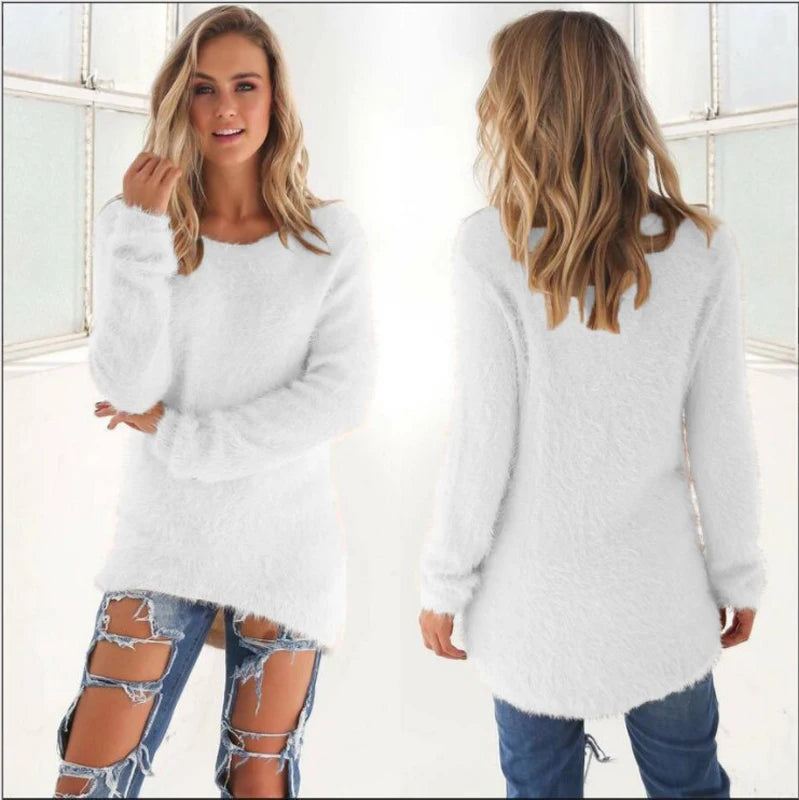 2024 Women Warm Sweaters Solid Color O Neck Loose Knitted Pullover Long Sweater Casual Blouse Lady Hipster Comfortable Clothing