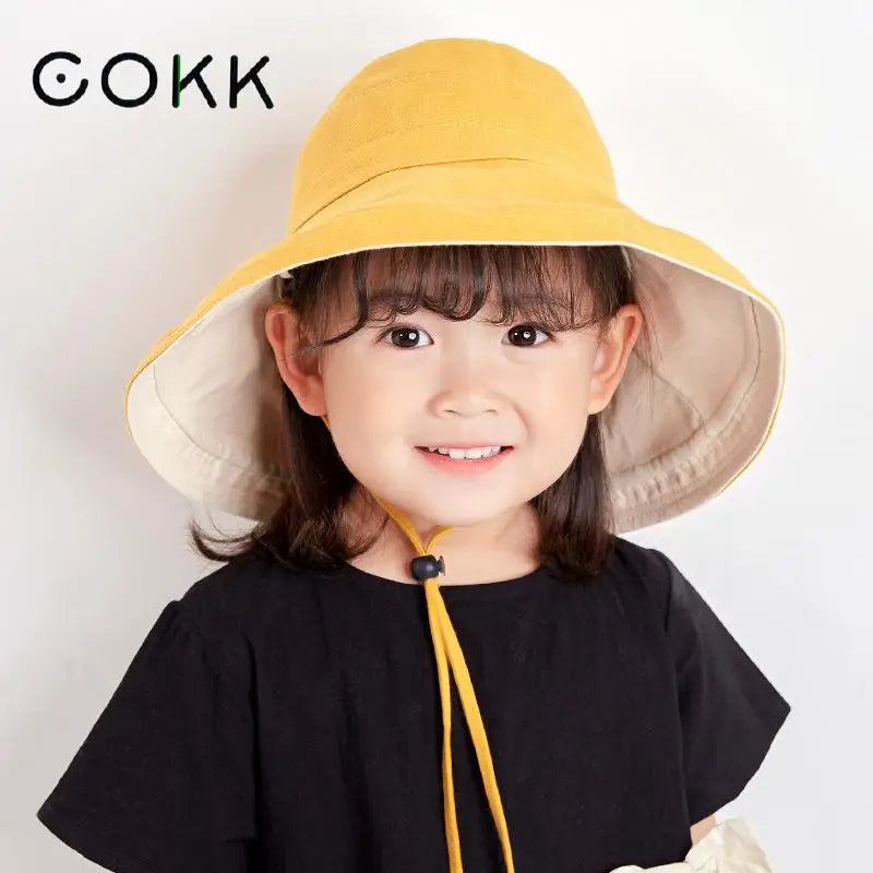 COKK Kids Bucket Hat Summer Foldable Double Sided Wide Brim Beach UV Protection Sunscreen Fisherman Hats Girl