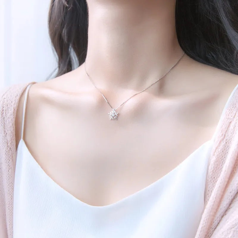 Zircon Snowflake Creative Inlaid Necklace Earring Sets For Women Girl teen Fashion 925 Sterling Silver Gift Christmas Jewelry Set