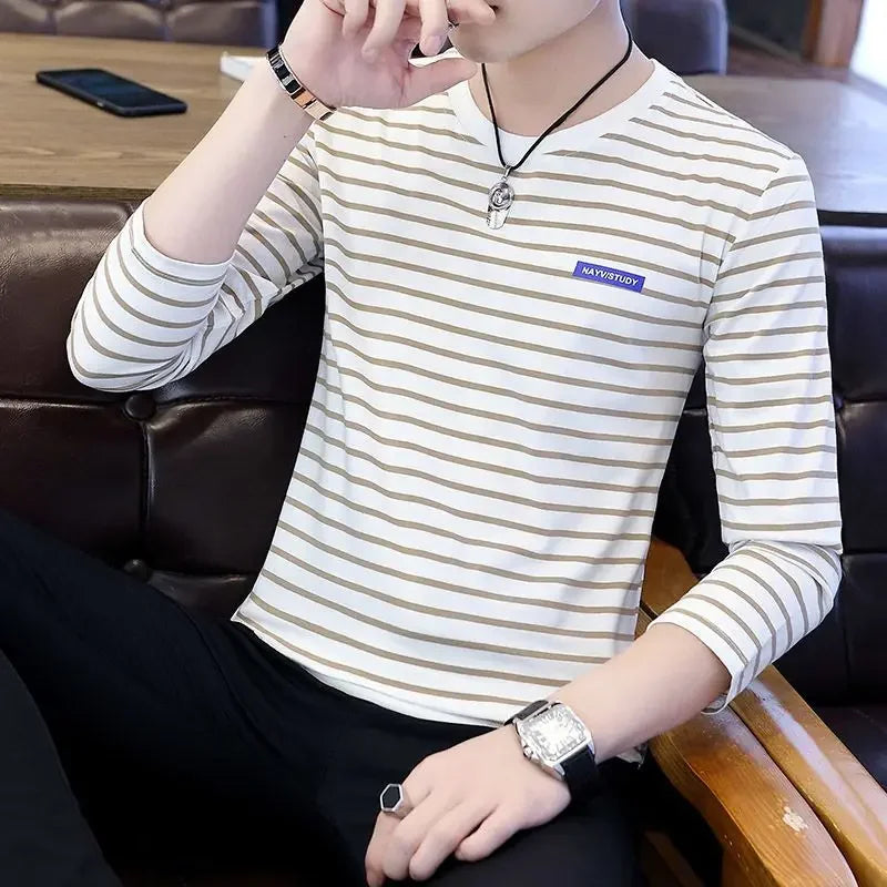 T Shirts for Men Stripe Tops Red Cotton Male Clothes Round Neck Harajuku Fashion Sale High Brand Regular Fit It Full Sleeve Tee