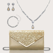 Load image into Gallery viewer, Gorgeous and elegant sparkly women's clutch bag, paired with a gorgeous rhinestone necklace, earrings and bracelet set of four.