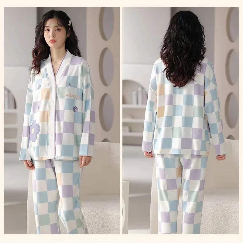 Women's Clothing Four Seasons Models Cute Pajamas Long-Sleeved Can Be Worn Outside Cartoon Cute Comfortable Large Size Homewear