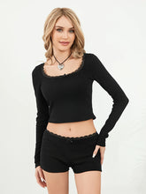 Load image into Gallery viewer, Women’s Two Piece Pajamas Long Sleeve Lace Trim Crop Tops and Shorts Set Loungewear