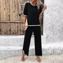 Load image into Gallery viewer, High Quality Elegant Women Clothing 2024 Temperament Casual Solid Color Knitted Shite Sleeved Suit Sweatpants Wide Leg Pants Y2k