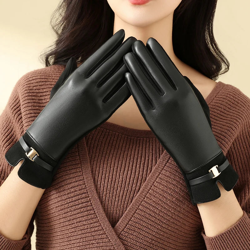 1 Pair of Gloves for Women in Winter Fleece-Lined to Heattech and Touch Screen Pu Elegant and Exquisite Cycling and Driving Gloves
