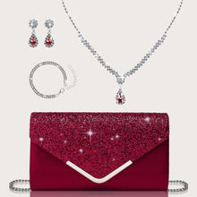 Load image into Gallery viewer, Gorgeous and elegant sparkly women's clutch bag, paired with a gorgeous rhinestone necklace, earrings and bracelet set of four.