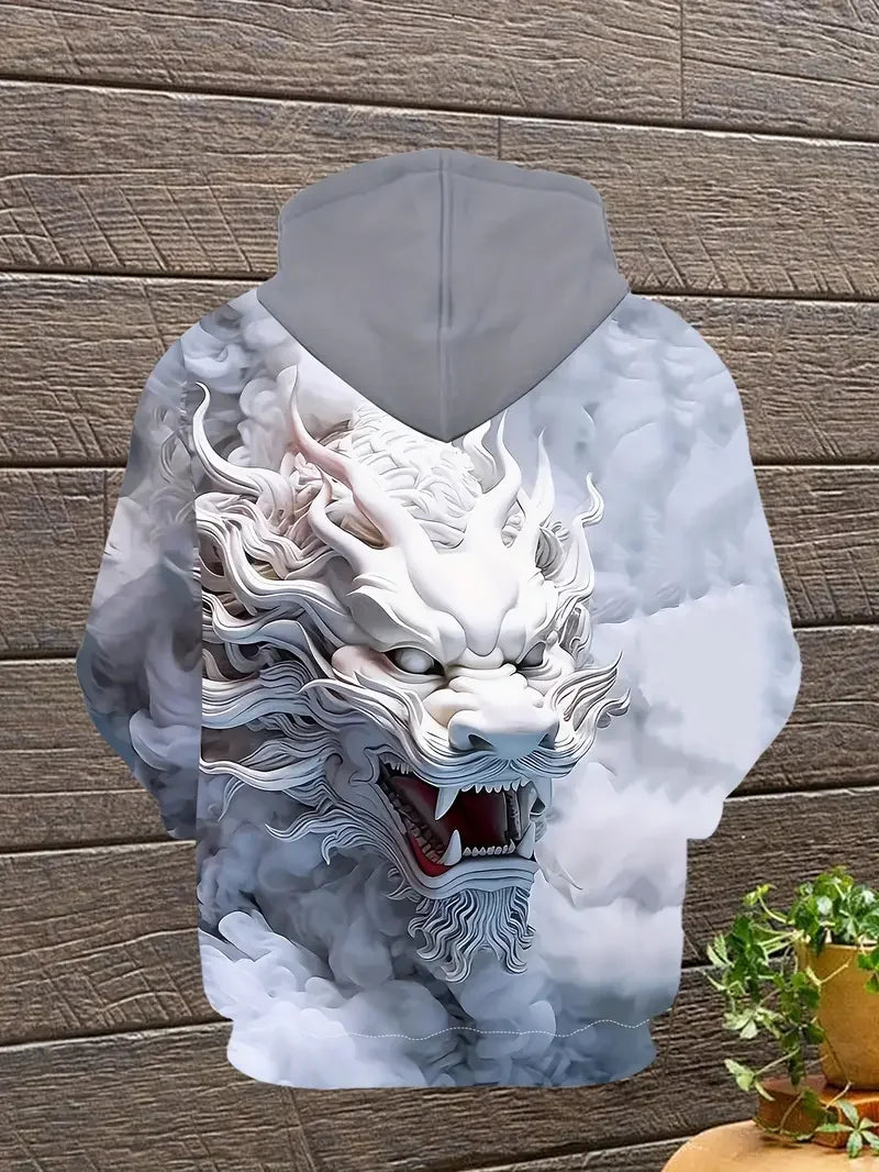 Men's 3D Digital White Dragon Smoke Printed Hoodie with Drawstring and Pocket, Spring and Autumn Sports Fashion Hoodie, Suitable