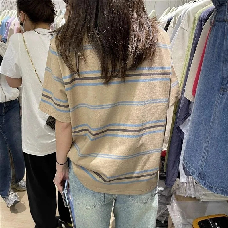 Women's Clothing American Beautiful Contrast Stripe Short Sleeve T-Shirt Summer Loose Casual Versatile Fashion Top