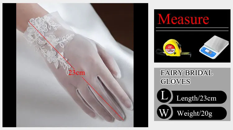 Wedding Bridal White Gloves Handmade Soft Tulle Lace Appliqued Short Brides Gloves Women Pageant Prom Perform Handschuh