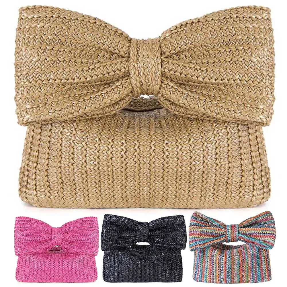 Women Weaving Clutch Bag Zipper Closure with Bow Simple Clutch Purse Versatile Female Party Wedding Bag