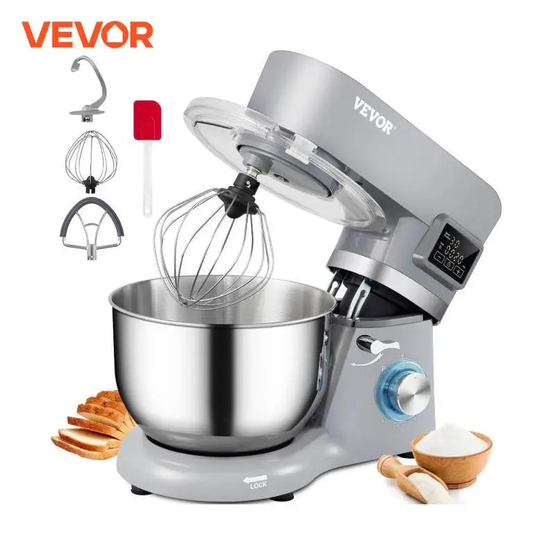 VEVOR Stand Mixer 660W Electric Dough Mixer with 6 Speeds LCD Screen Timing 5.8 Qt Stainless Steel Bowl Dough Hook Flat Beater