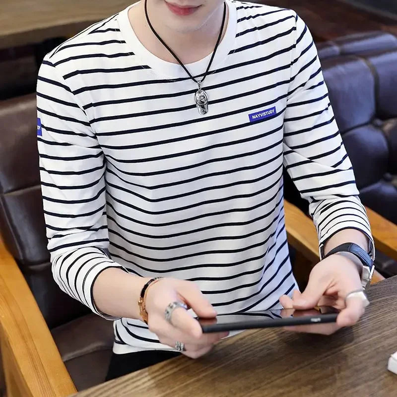 T Shirts for Men Stripe Tops Red Cotton Male Clothes Round Neck Harajuku Fashion Sale High Brand Regular Fit It Full Sleeve Tee