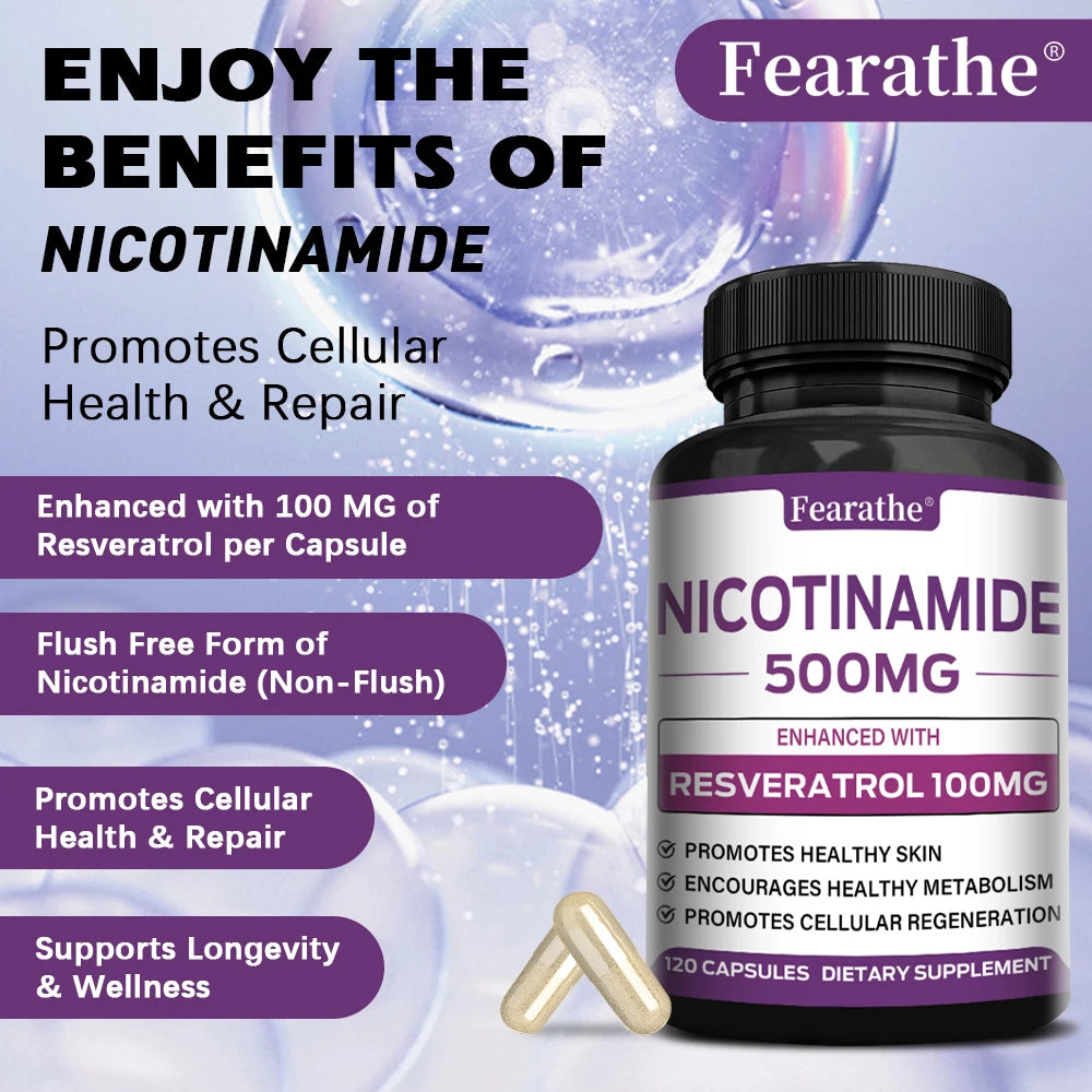 Fearathe Niacinamide Capsules 500MG, Promote Cell Health and Repair, Metabolism, Skin Health, Vegan Capsules, Non-GMO
