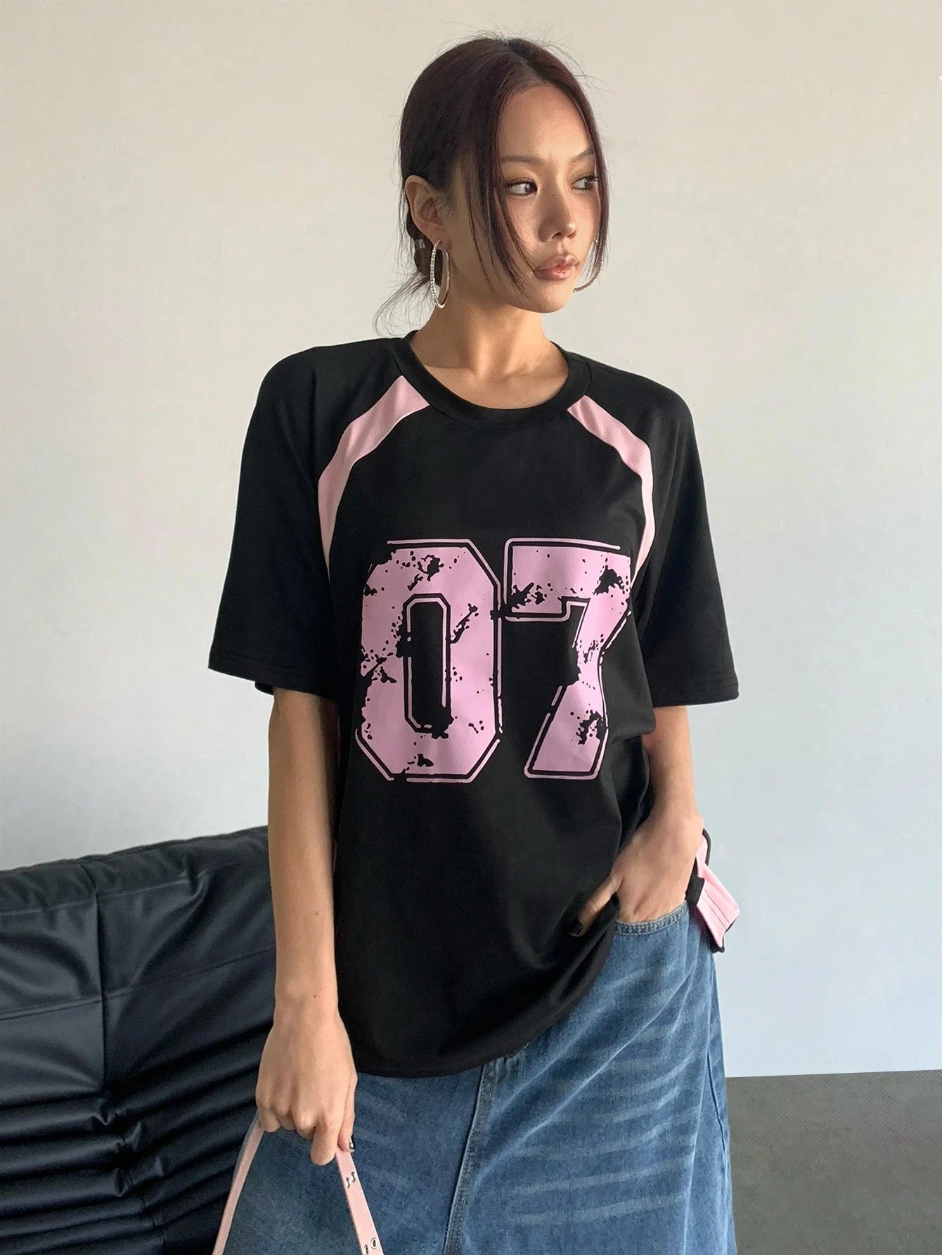 Women's Clothing Fashion Casual Crew Neck Contrast Color Number 07 Print Streetwear T-Shirt Sports Jerseys And Fashionable Tops