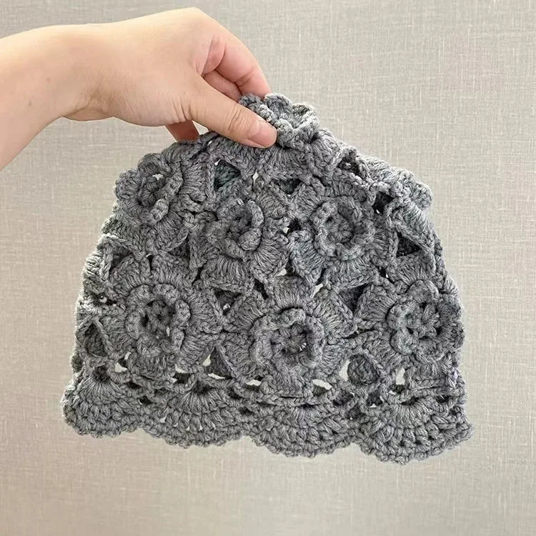 Women's Retro Literary Knitted Hat Spring and Autumn Thin Hollow Woolen Hat Handmade Woven Hat Fashion Hats for Women Lady Cap