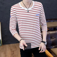 Load image into Gallery viewer, T Shirts for Men Stripe Tops Red Cotton Male Clothes Round Neck Harajuku Fashion Sale High Brand Regular Fit It Full Sleeve Tee