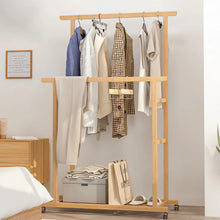 Load image into Gallery viewer, Bamboo Clothes Rail Rack Double Hanging Rails Clothes Rack on Wheels Free Standing Garment Rack with Storage Shelves Coat Rack