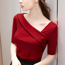Load image into Gallery viewer, Woman's Clothing Basic T-Shirts Tops Lady Slim Short Sleeve Skew Collar Sheath Blouse Tops SS055