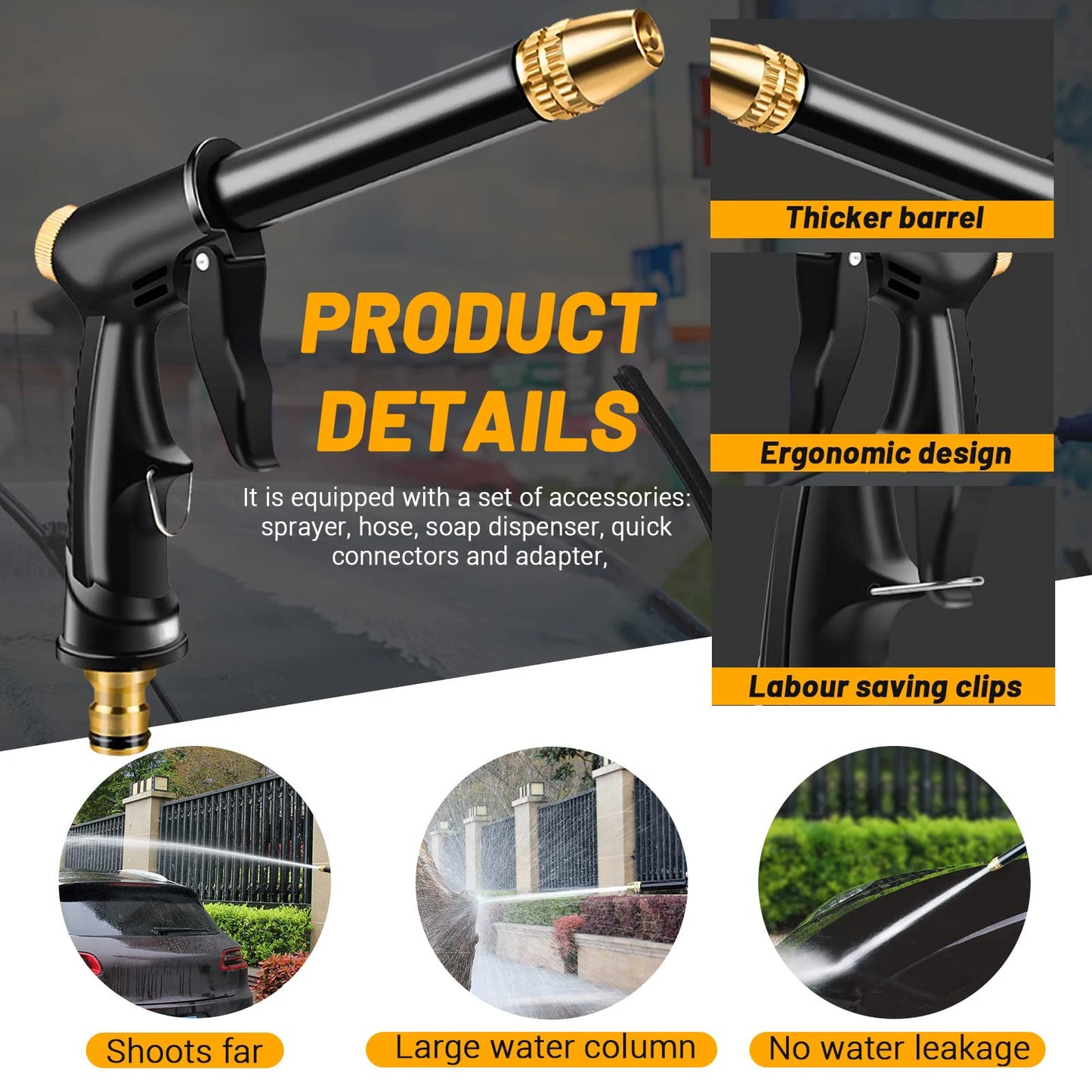 Garden Hose Nozzle With 3 Patterns Watering Lawn Water Gun Farming Supplies Car Wash High Pressure Products Gadgets Pistol Guns