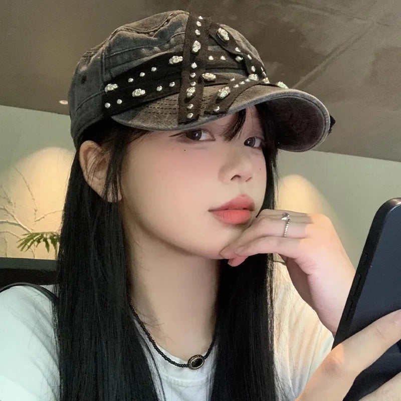 Women's New Hats Sweet Cool Style Five Pointed Star Washed Denim Cap Retro And Aged Y2K Riveted Punk Beret Hat Cute Black Beret