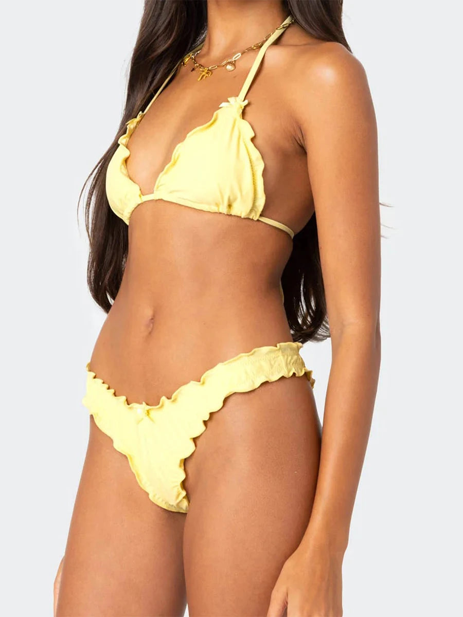 Women s Ruffle Trim Halter Neck Tie-up Bikini Set with High Waisted Bottoms for Beach Pool Party Outfits