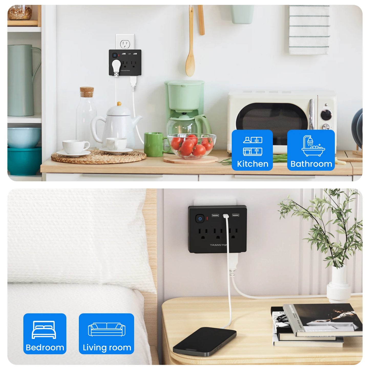 Mini Portable Surge Protector Power Outlet, 9-in-1 Multi-Function 6 Outlets 2 USB Ports 1 Type-C,for home, travel, office, Black