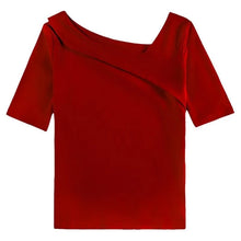 Load image into Gallery viewer, Woman's Clothing Basic T-Shirts Tops Lady Slim Short Sleeve Skew Collar Sheath Blouse Tops SS055