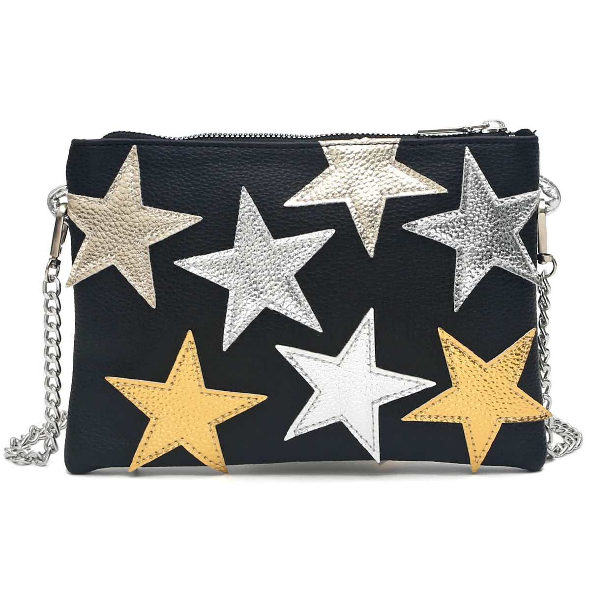 Women's Metallic PU Leather Square Clutch Funky Stars Applique Colorful Stripes Metal Chain Shoulder Handbag Party Dating Gift