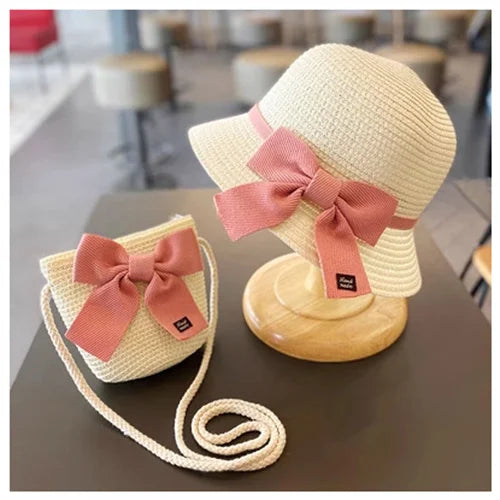 Kids Hat For Girls 3-8Y Straw Children's Sunshade Cap Bag Summer Baby Travel Sunscreen Beach Hat Sun Fisherman Cap Fashion Style